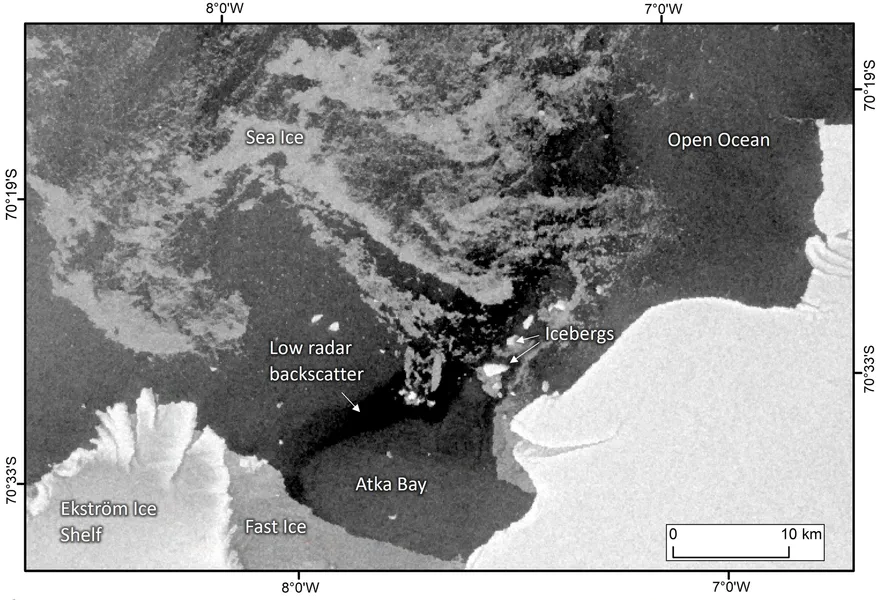 A black and white grainy satellite image of the Antarctic coastline. There are labels showing fast ice, open ocean, icebergs, and in the middle is a black patch extending to the top right. Some grey sea ice crosses it in the middle of the image.