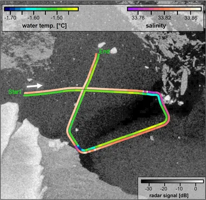 A black and white grainy satellite image of the Antarctic coastline, zoomed in from the previous image. There is a colourful loop on top of the dark patch in the middle of the image. Where the loop crosses over the dark patch, the colours change.