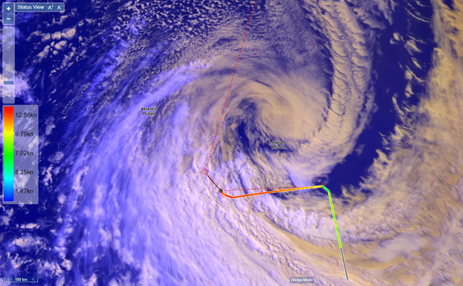 A screenshot of navigation software with a satellite image showing a swirl of storm clouds and the ship's track making a sharp turn around it.